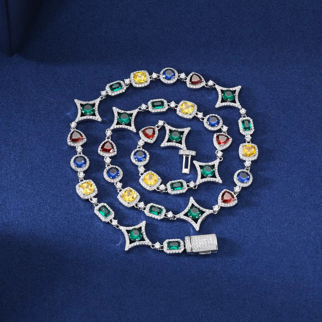 Cadena Mosaic Multicolor en Plata .925 con Moissanita VVS1 y Zirconias de Color