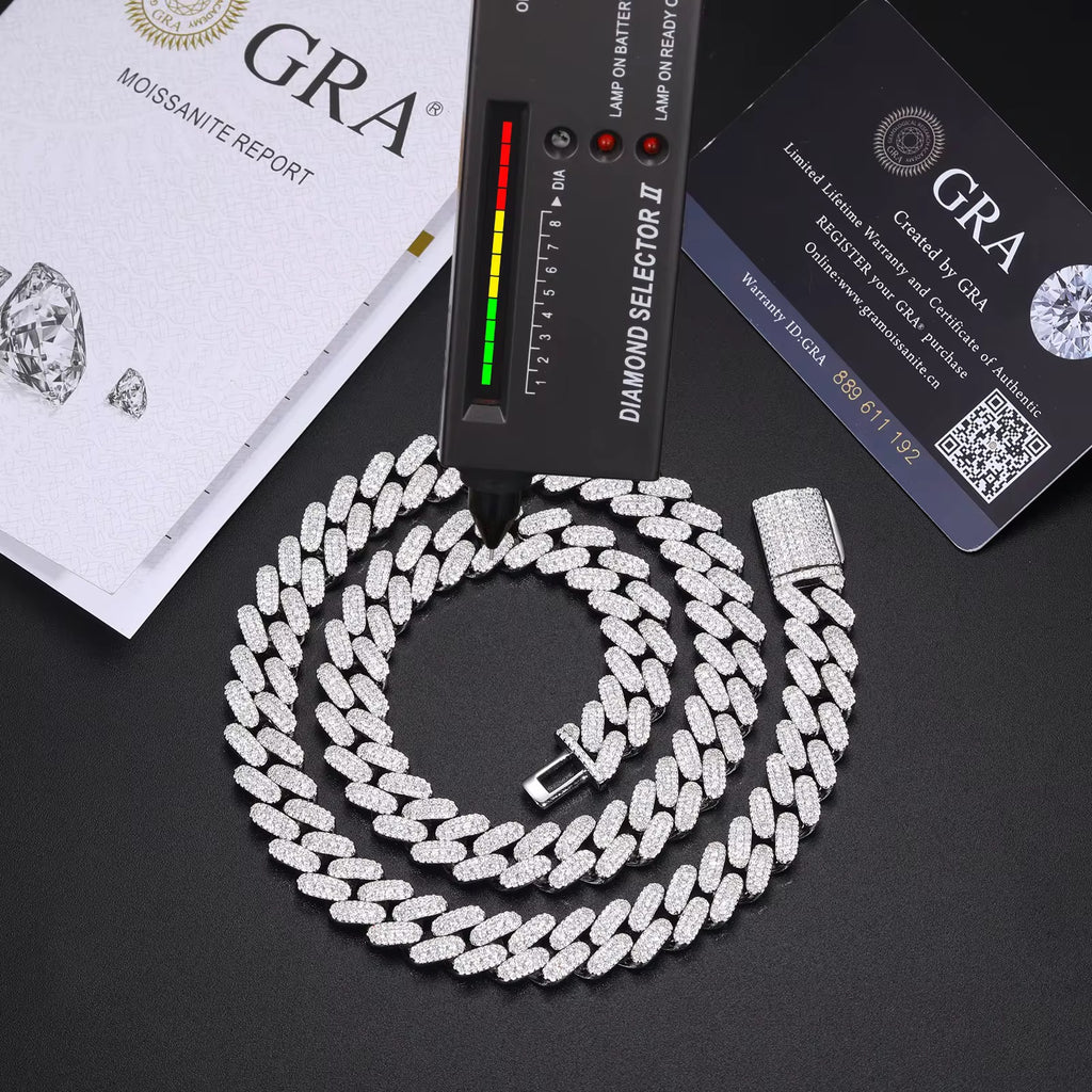 Cadena Cubana 12mm Full Moissanita VVS1 en Plata .925