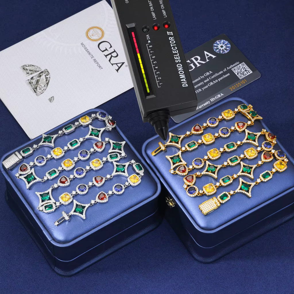 Cadena Mosaic Multicolor en Plata .925 con Moissanita VVS1 y Zirconias de Color